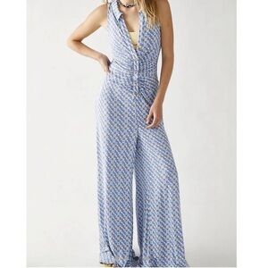 Free People Shayla Halter Jumpsuit Wide Leg Stretchy Blue & Yellow 70s Boho